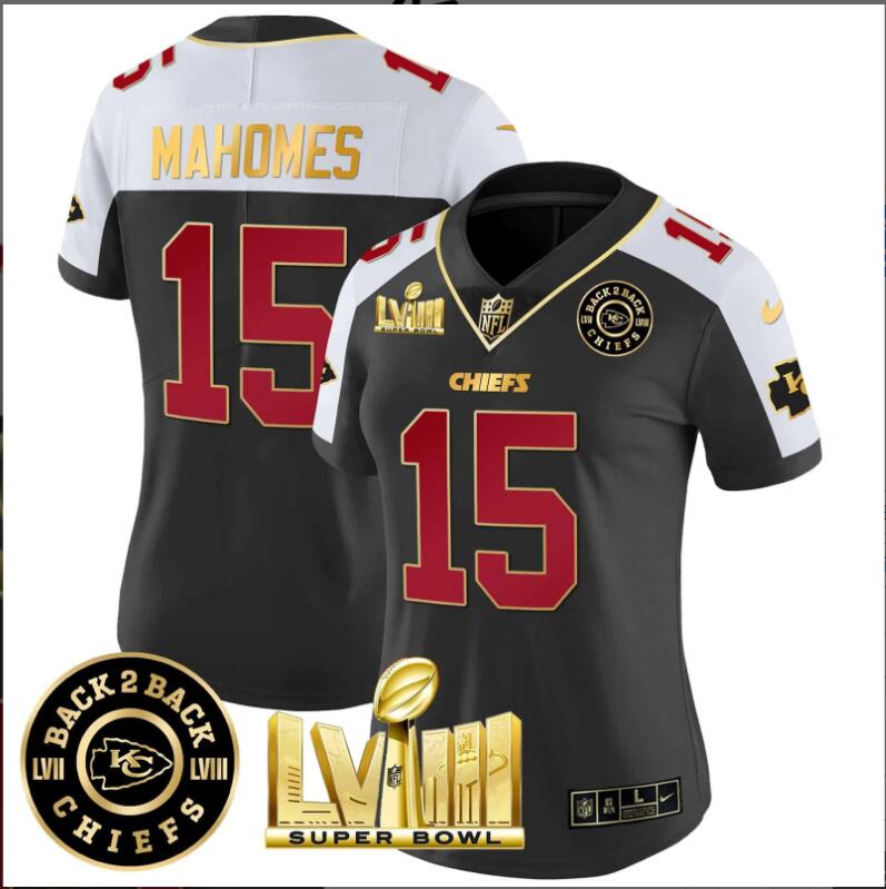 Women Kansas City Chiefs #15 Mahomes Super Bowl LVIII Back-2-Back Patch black 2024 NFL Nike jerseys->women nfl jersey->Women Jersey